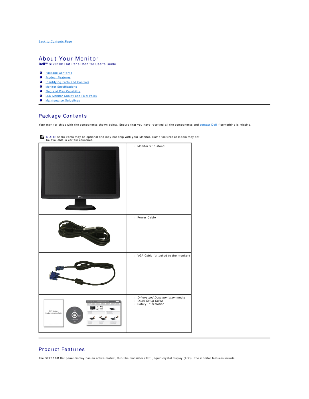 Dell appendix About Your Monitor, Package Contents, Product Features, Dell ST2010B Flat Panel Monitor Users Guide 