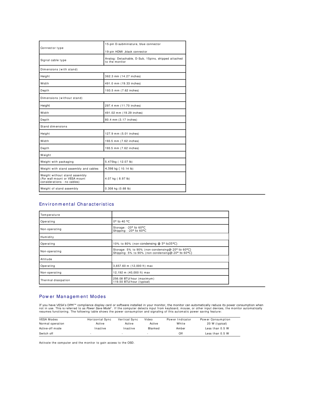 Dell ST2010B appendix Environmental Characteristics, Power Management Modes 