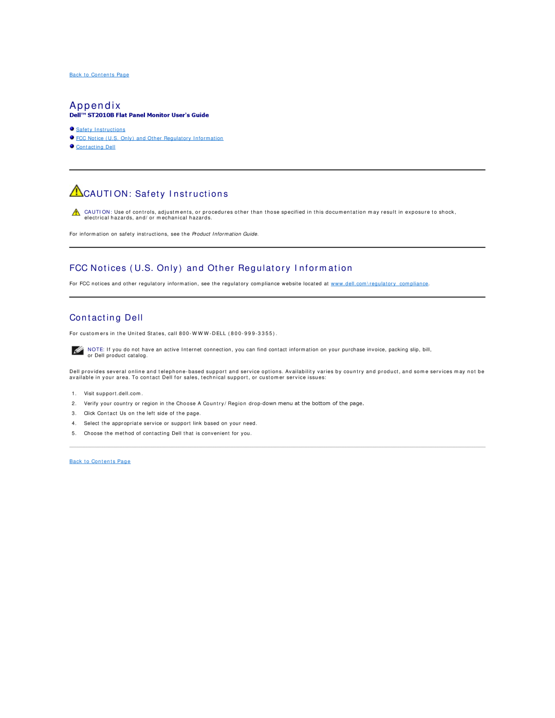 Dell ST2010B appendix Appendix, CAUTION Safety Instructions, FCC Notices U.S. Only and Other Regulatory Information 