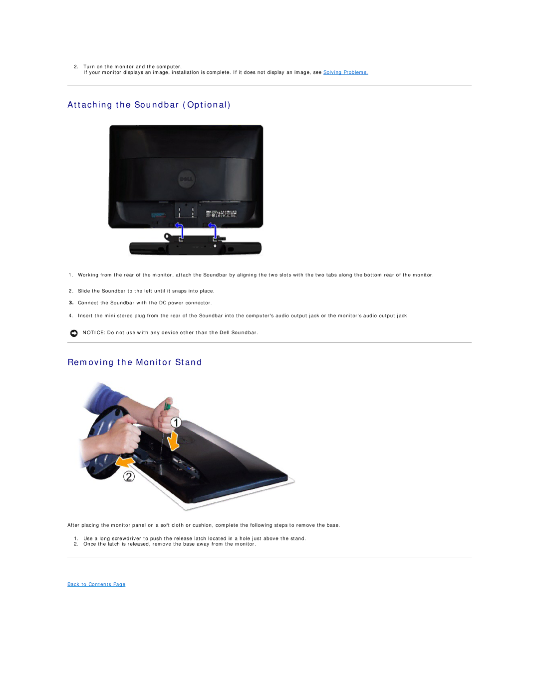 Dell ST2220 appendix Attaching the Soundbar Optional, Removing the Monitor Stand 