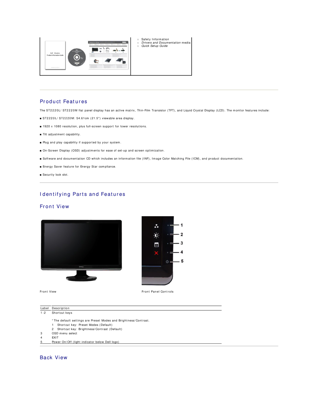 Dell ST2220 appendix Product Features, Identifying Parts and Features Front View, Back View 