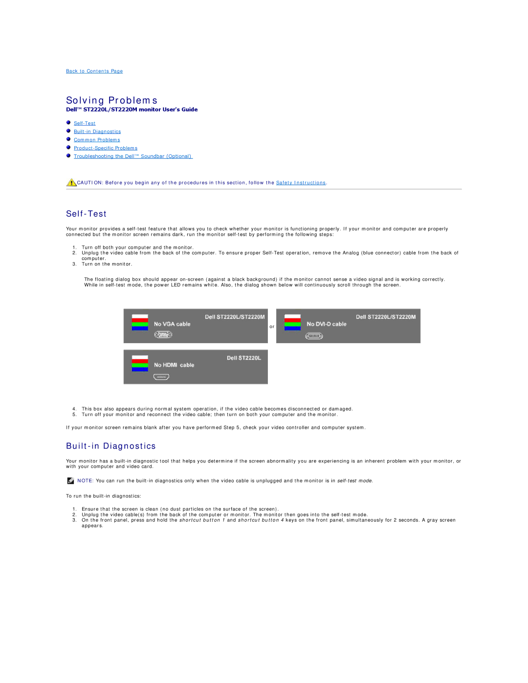 Dell ST2220 appendix Solving Problems, Self-Test, Built-in Diagnostics 