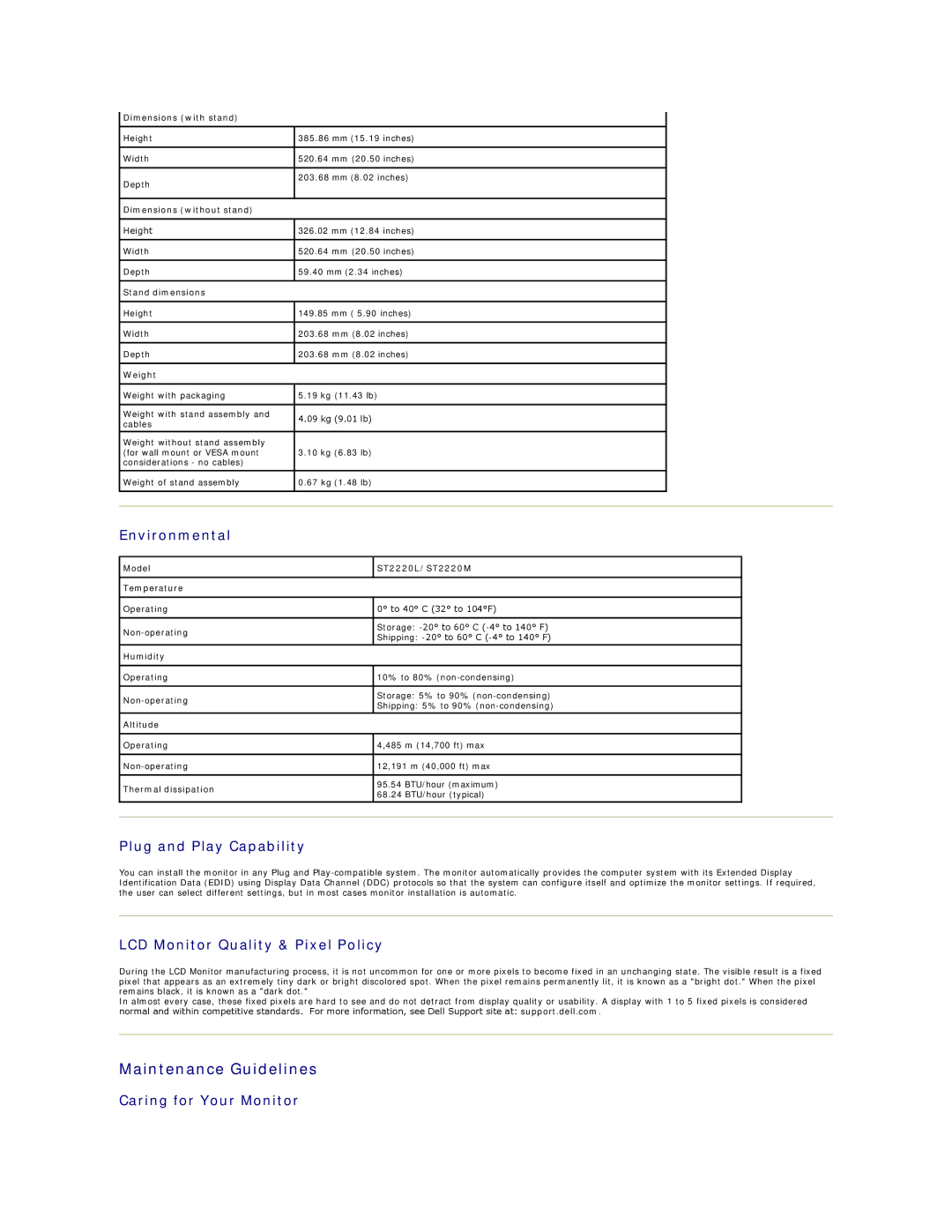 Dell ST2220 appendix Maintenance Guidelines, Environmental, Plug and Play Capability, LCD Monitor Quality & Pixel Policy 