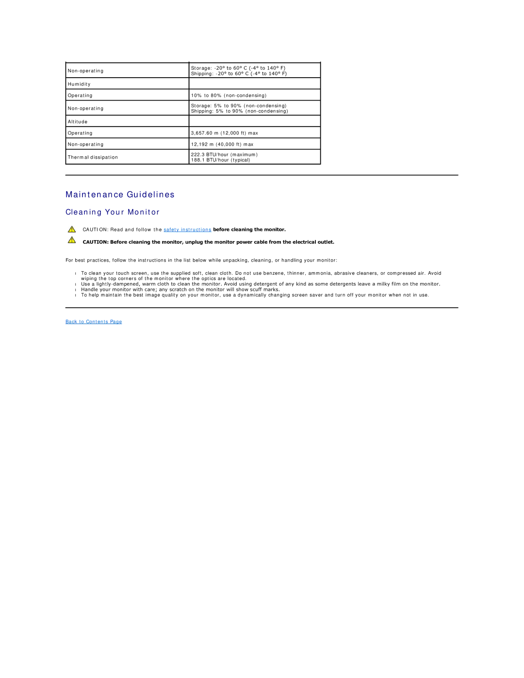 Dell ST2220TC appendix Maintenance Guidelines, Cleaning Your Monitor, Humidity, Altitude, Thermal dissipation 