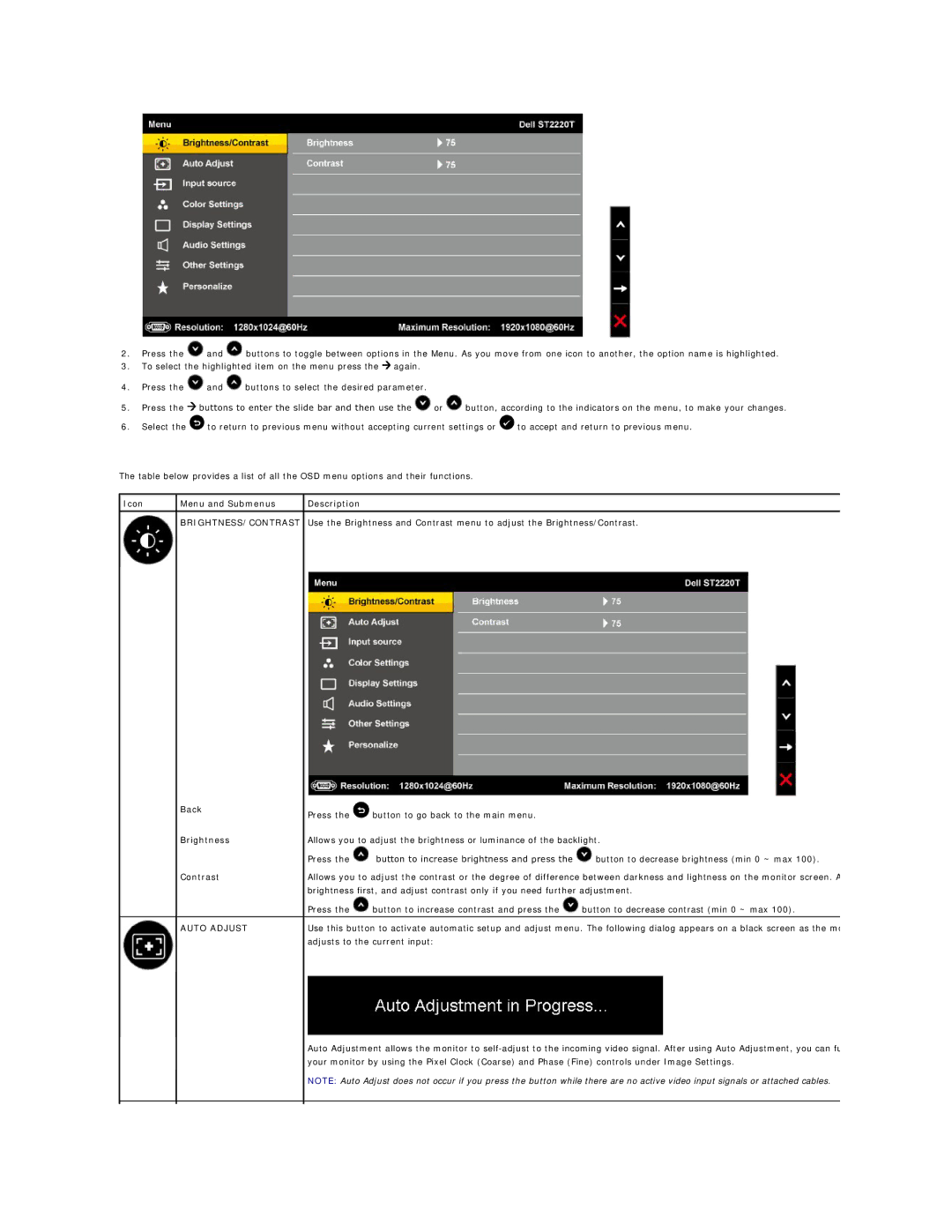 Dell ST2220TC appendix Icon Menu and Submenus Description, Brightness/Contrast, Back Brightness, Auto Adjust 