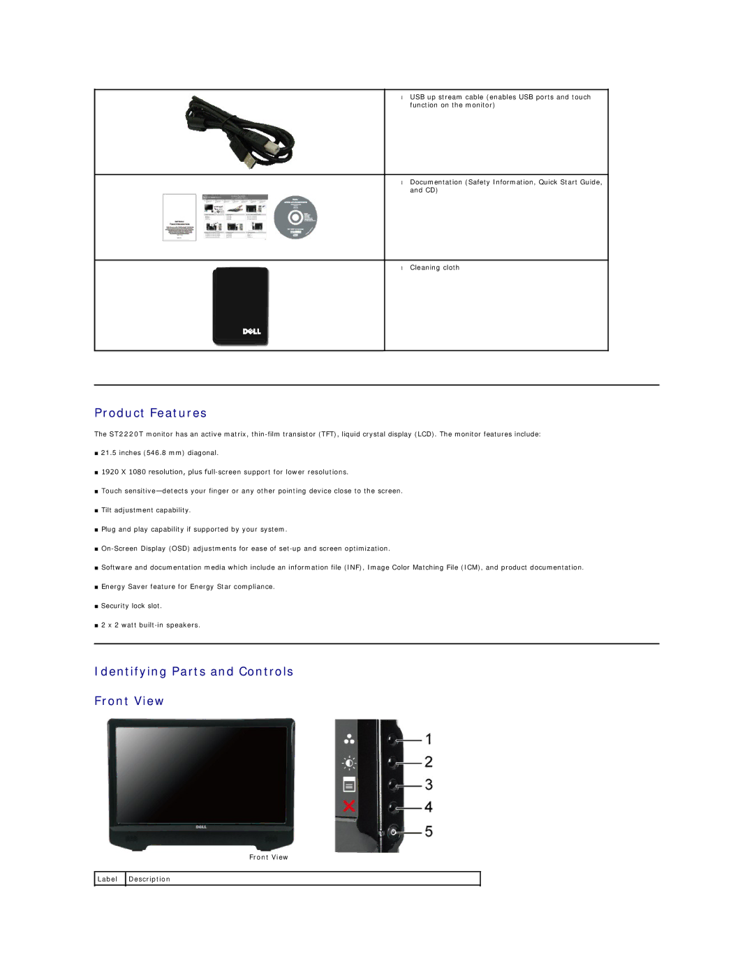 Dell ST2220TC appendix Product Features, Identifying Parts and Controls Front View, Front View Label Description 