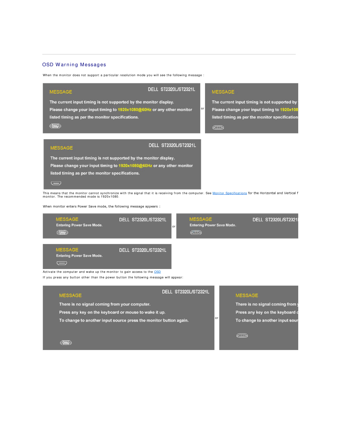 Dell ST2321L, ST2320L appendix OSD Warning Messages 