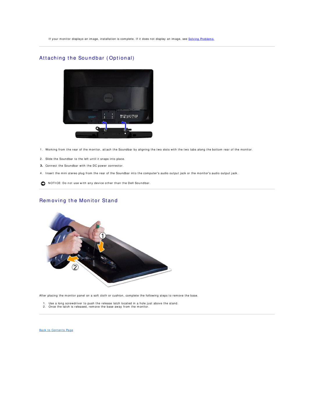 Dell ST2320L, ST2321L appendix Attaching the Soundbar Optional, Removing the Monitor Stand 