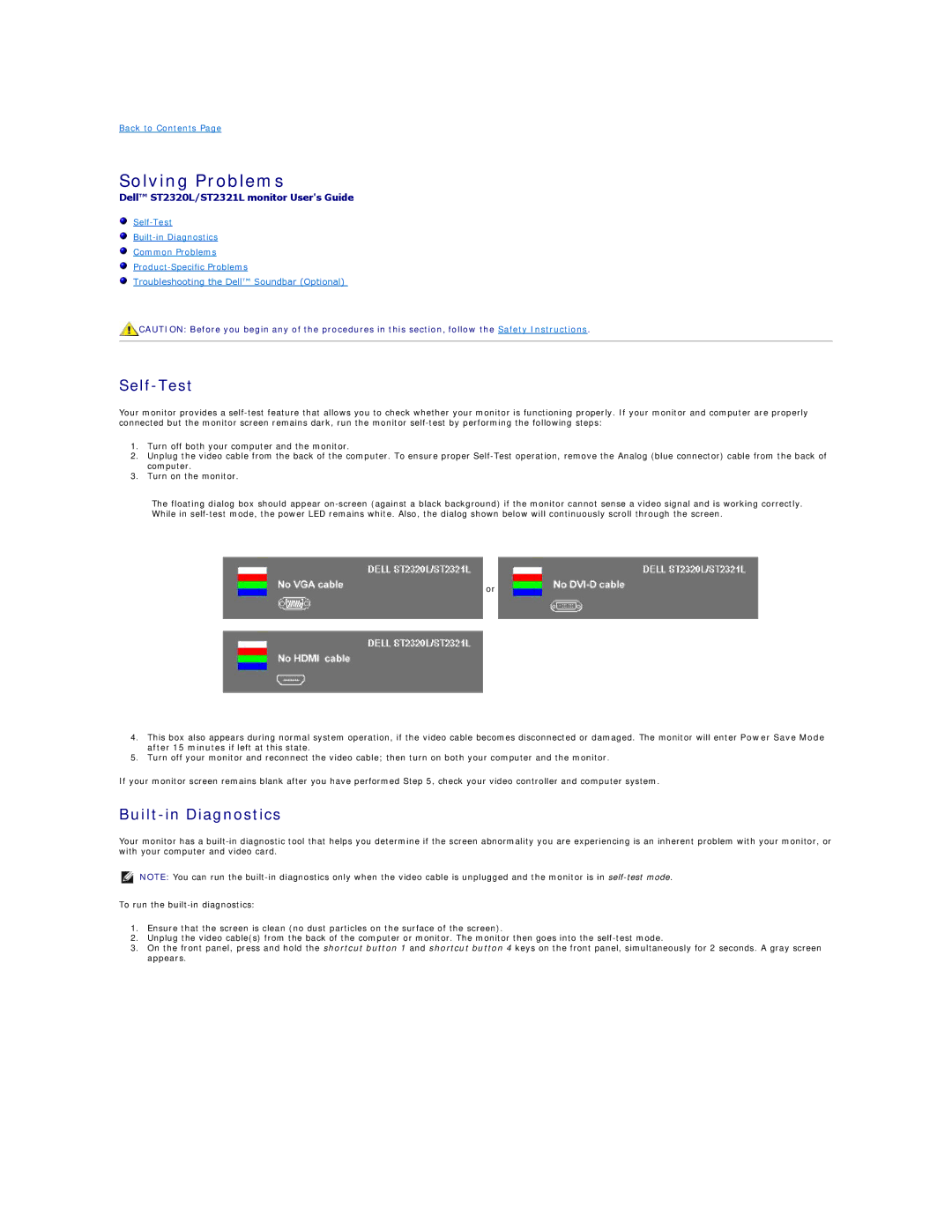 Dell ST2321L, ST2320L appendix Solving Problems, Self-Test, Built-in Diagnostics 