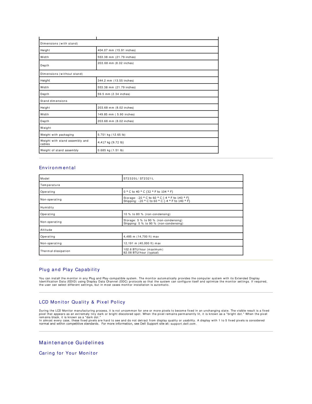 Dell ST2320L, ST2321L Maintenance Guidelines, Environmental, Plug and Play Capability, LCD Monitor Quality & Pixel Policy 