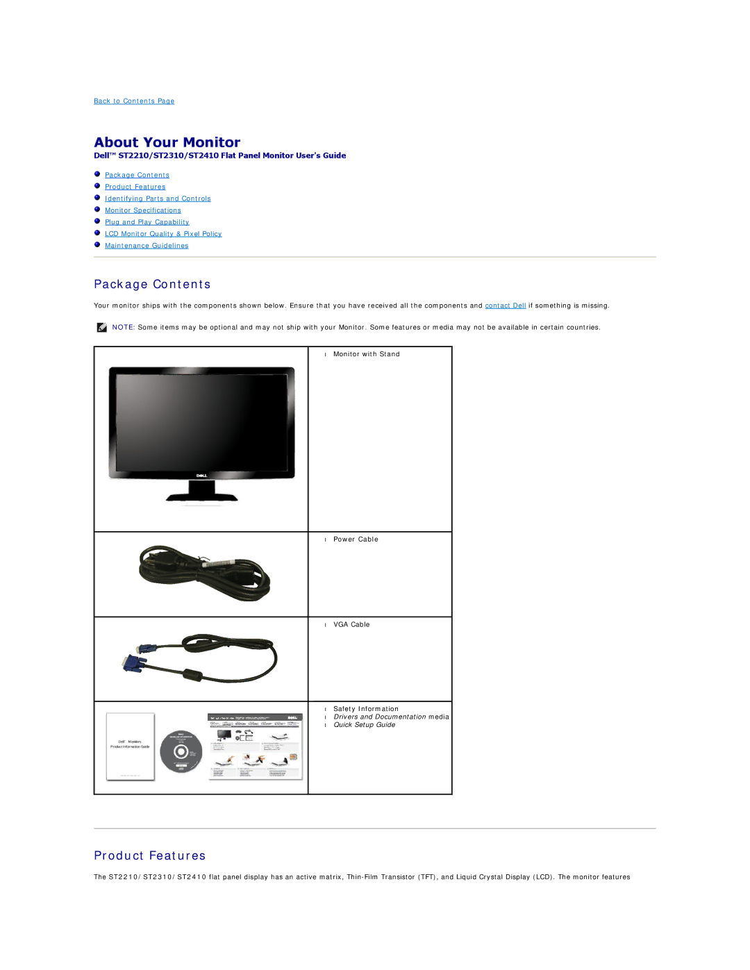 Dell ST2310, ST2410, ST2210 appendix About Your Monitor, Package Contents, Product Features 