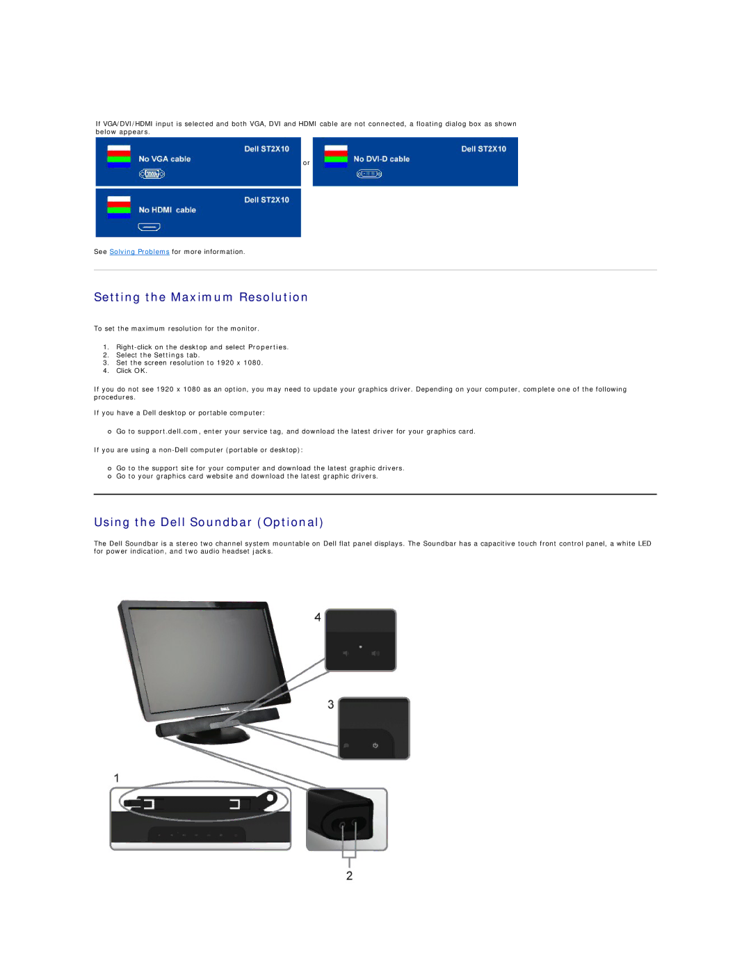 Dell ST2310, ST2410, ST2210 appendix Setting the Maximum Resolution, Using the Dell Soundbar Optional 