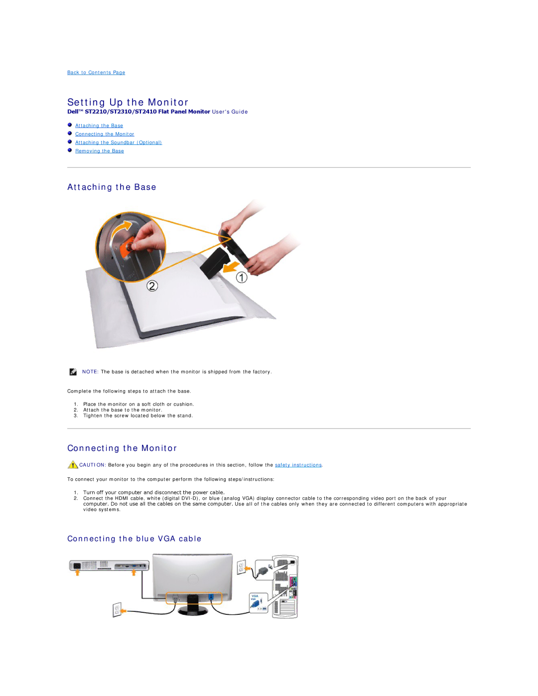 Dell ST2410, ST2210 Setting Up the Monitor, Attaching the Base, Connecting the Monitor, Connecting the blue VGA cable 
