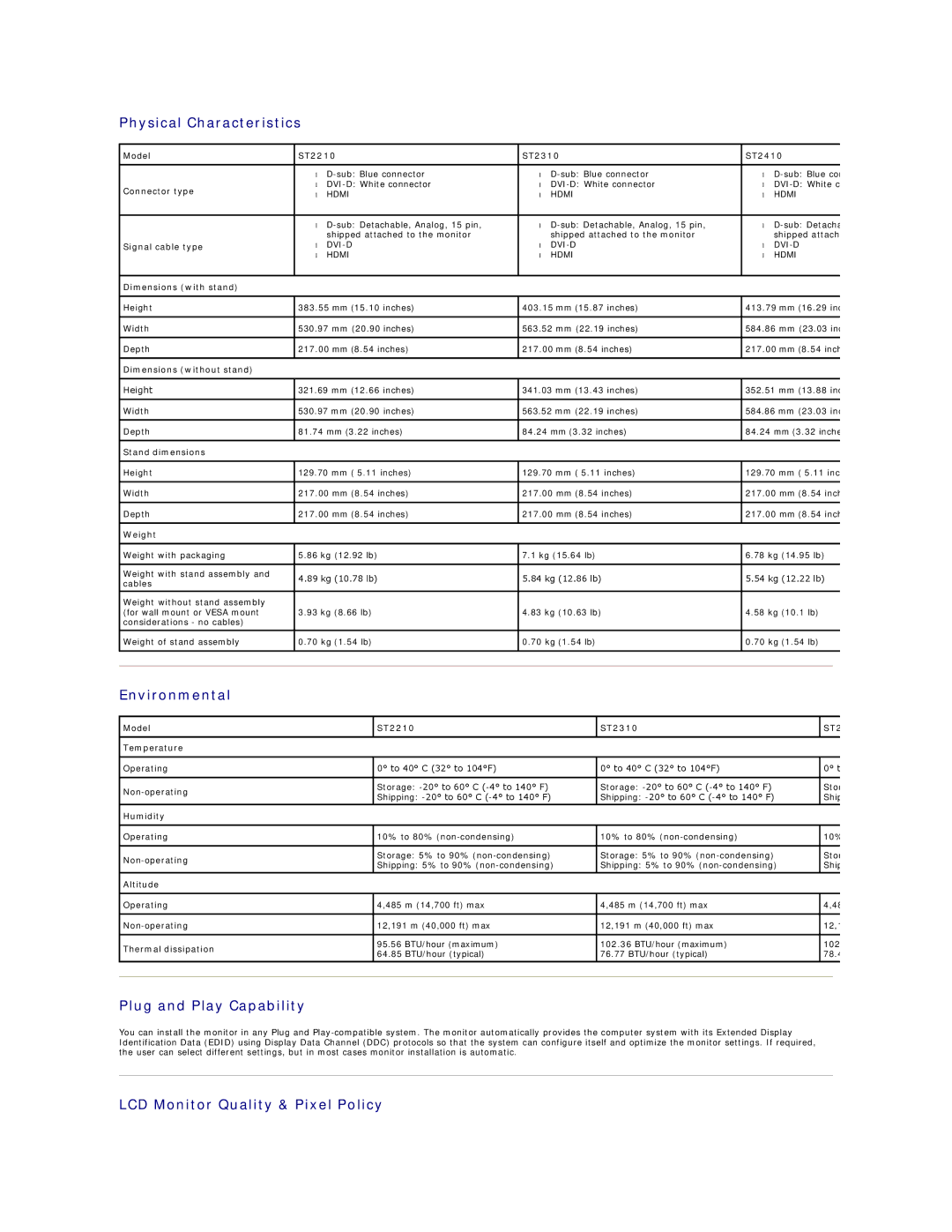 Dell ST2410, ST2210 Physical Characteristics, Environmental, Plug and Play Capability, LCD Monitor Quality & Pixel Policy 