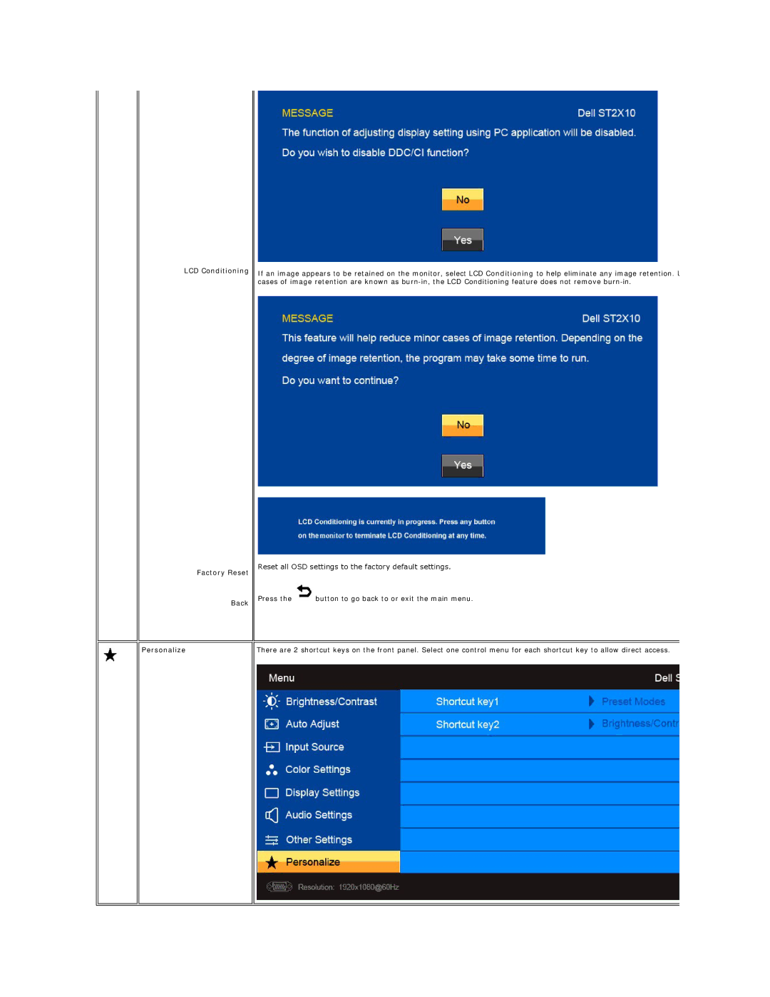 Dell ST2410, ST2210, ST2310 appendix LCD Conditioning Factory Reset Back Personalize 