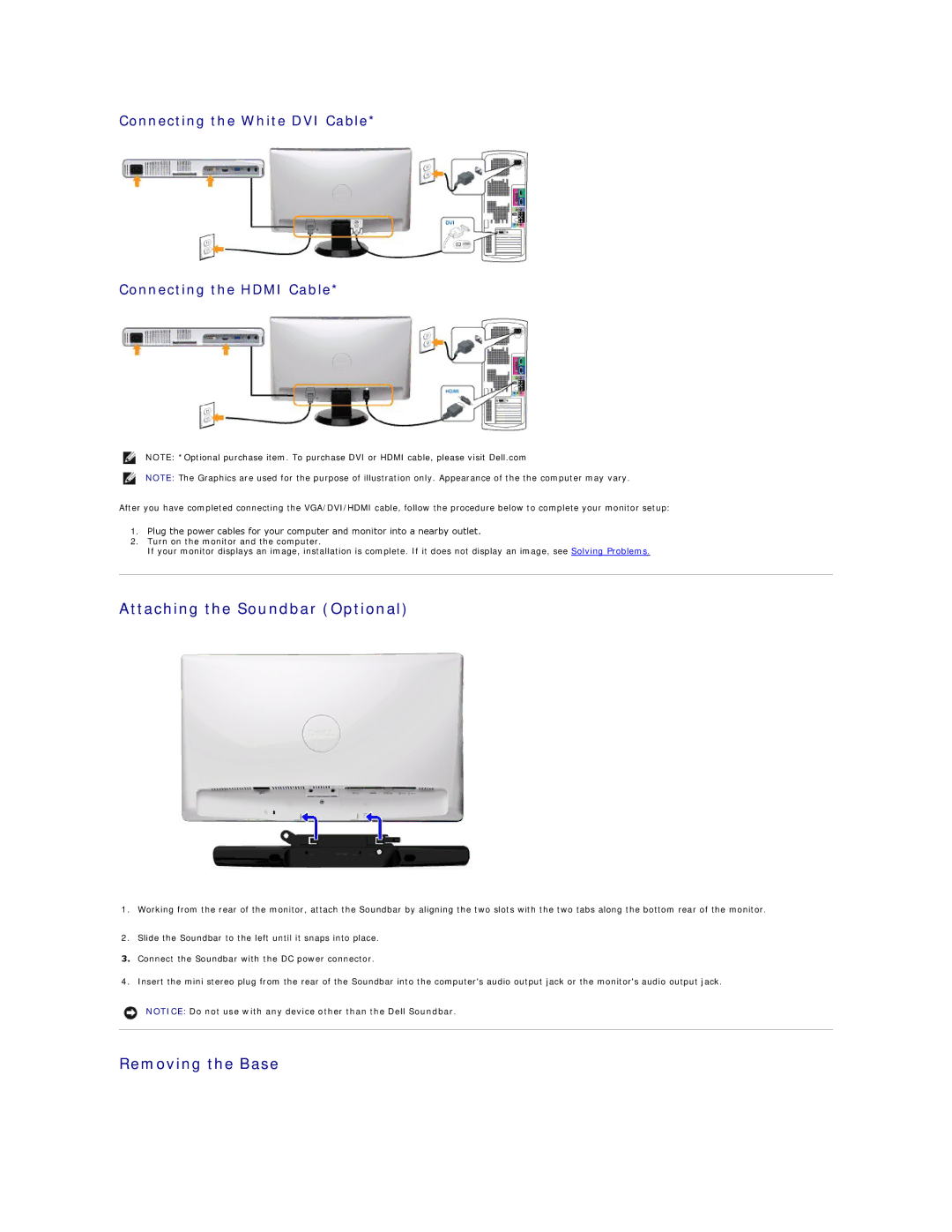 Dell ST2210 Attaching the Soundbar Optional, Removing the Base, Connecting the White DVI Cable Connecting the Hdmi Cable 