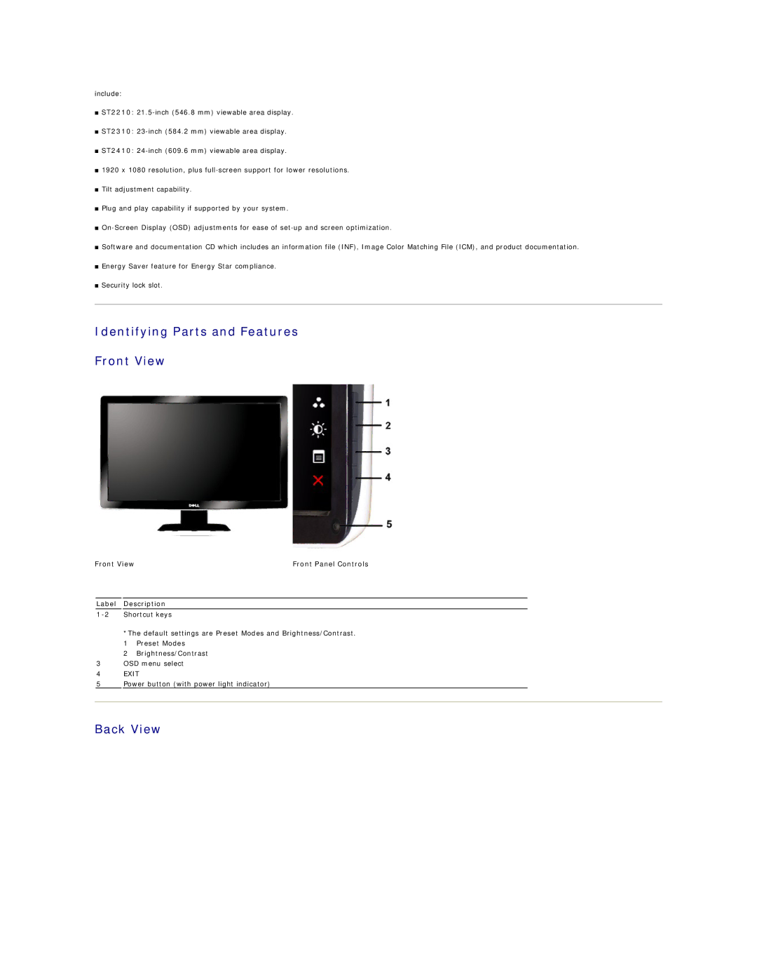 Dell ST2410 Identifying Parts and Features Front View, Back View, Front View Front Panel Controls Label Description 