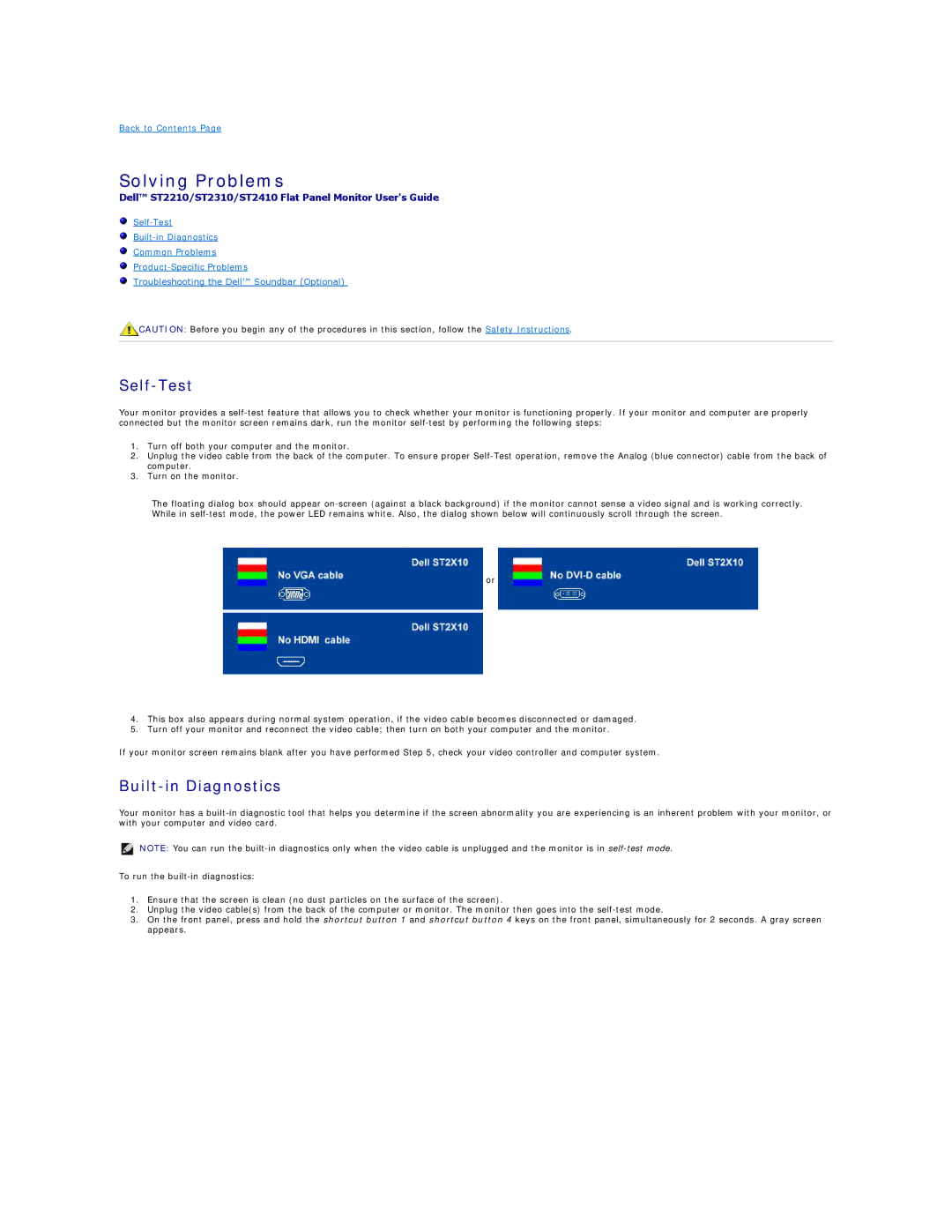 Dell ST2410, ST2210, ST2310 appendix Solving Problems, Self-Test, Built-in Diagnostics 