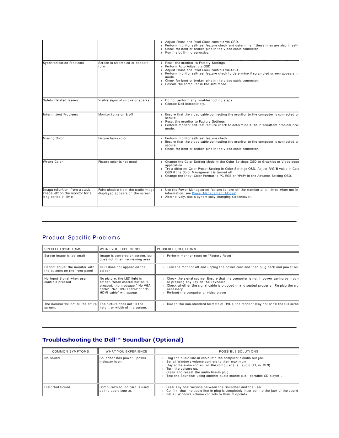 Dell ST2310, ST2410, ST2210 appendix Product-Specific Problems, Troubleshooting the Dell Soundbar Optional 