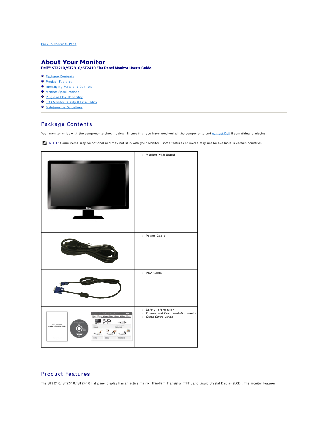 Dell ST2310, ST2410, ST2210 appendix About Your Monitor, Package Contents, Product Features, Back to Contents Page 