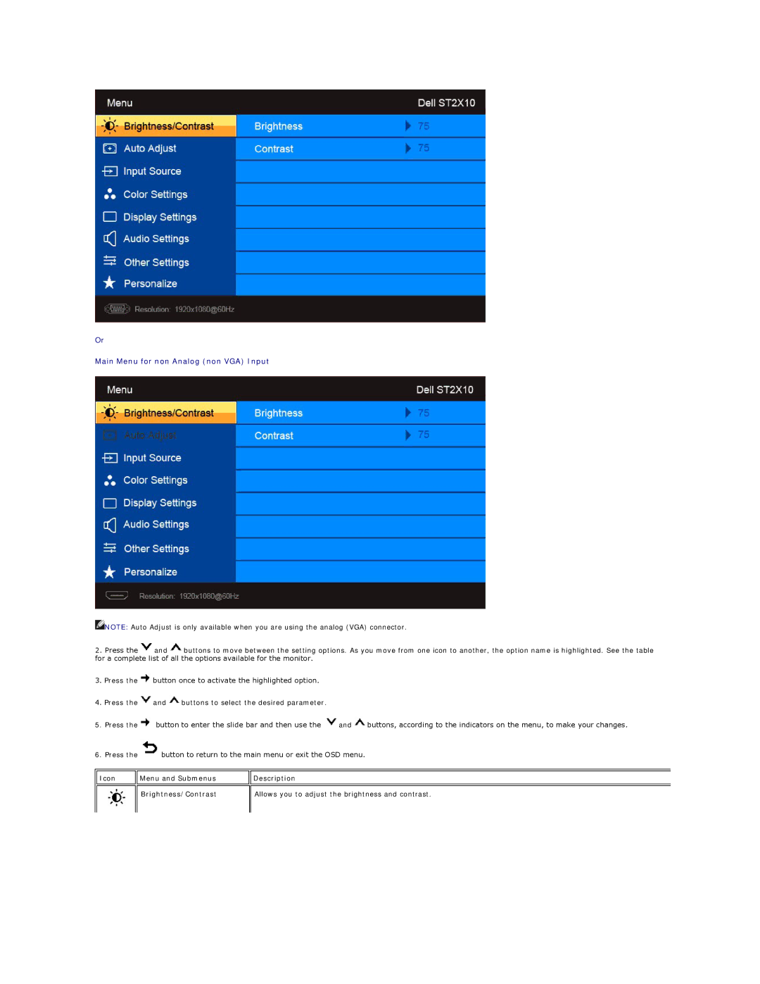 Dell ST2410B, ST2310B, ST2210B appendix Main Menu for non Analog non VGA Input 