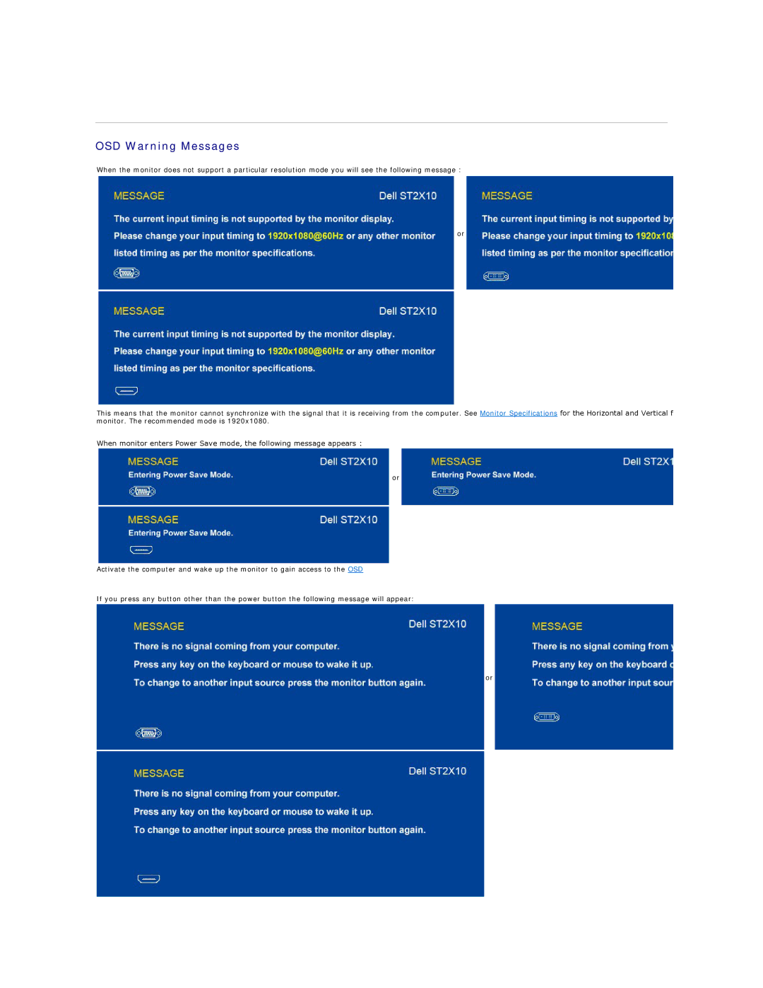 Dell ST2310B, ST2410B, ST2210B appendix OSD Warning Messages 