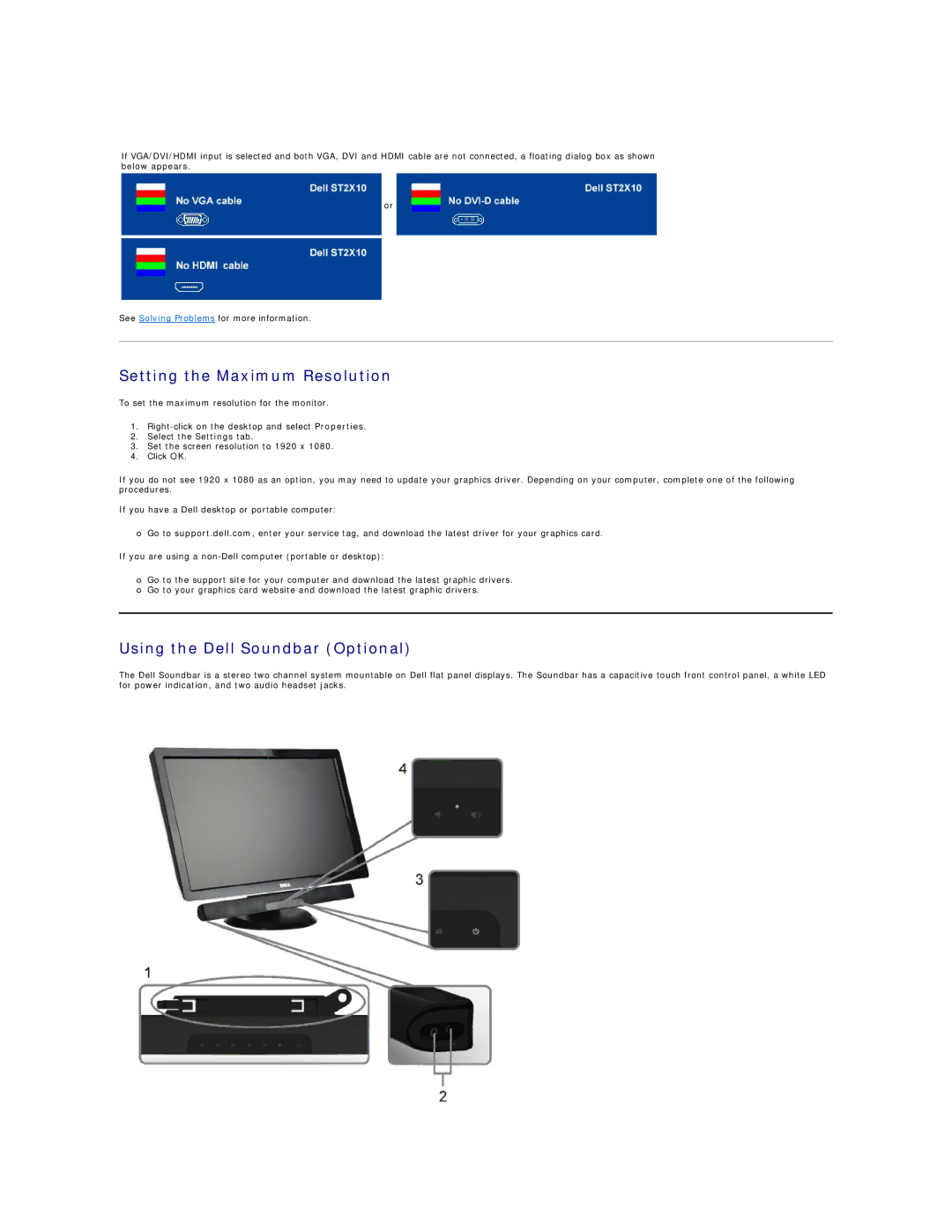 Dell ST2210B, ST2410B, ST2310B appendix Setting the Maximum Resolution, Using the Dell Soundbar Optional 