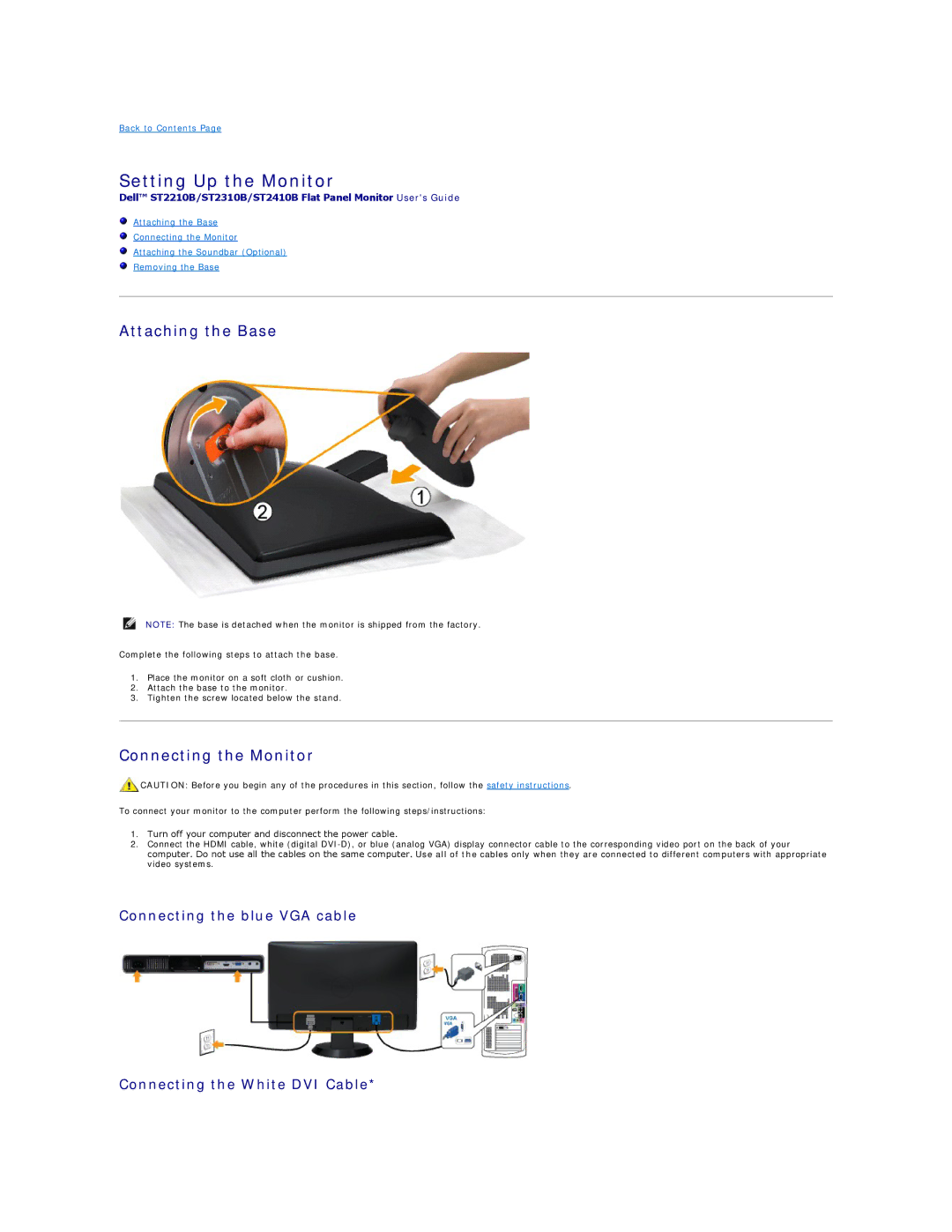 Dell ST2410B, ST2310B, ST2210B appendix Setting Up the Monitor, Attaching the Base, Connecting the Monitor 