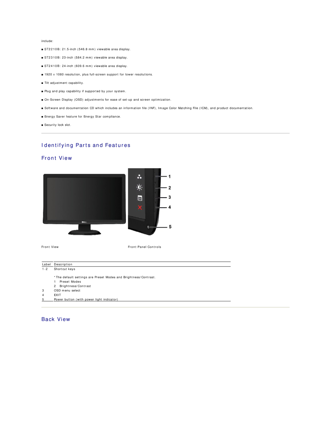 Dell ST2410B Identifying Parts and Features Front View, Back View, Front View Front Panel Controls Label Description 