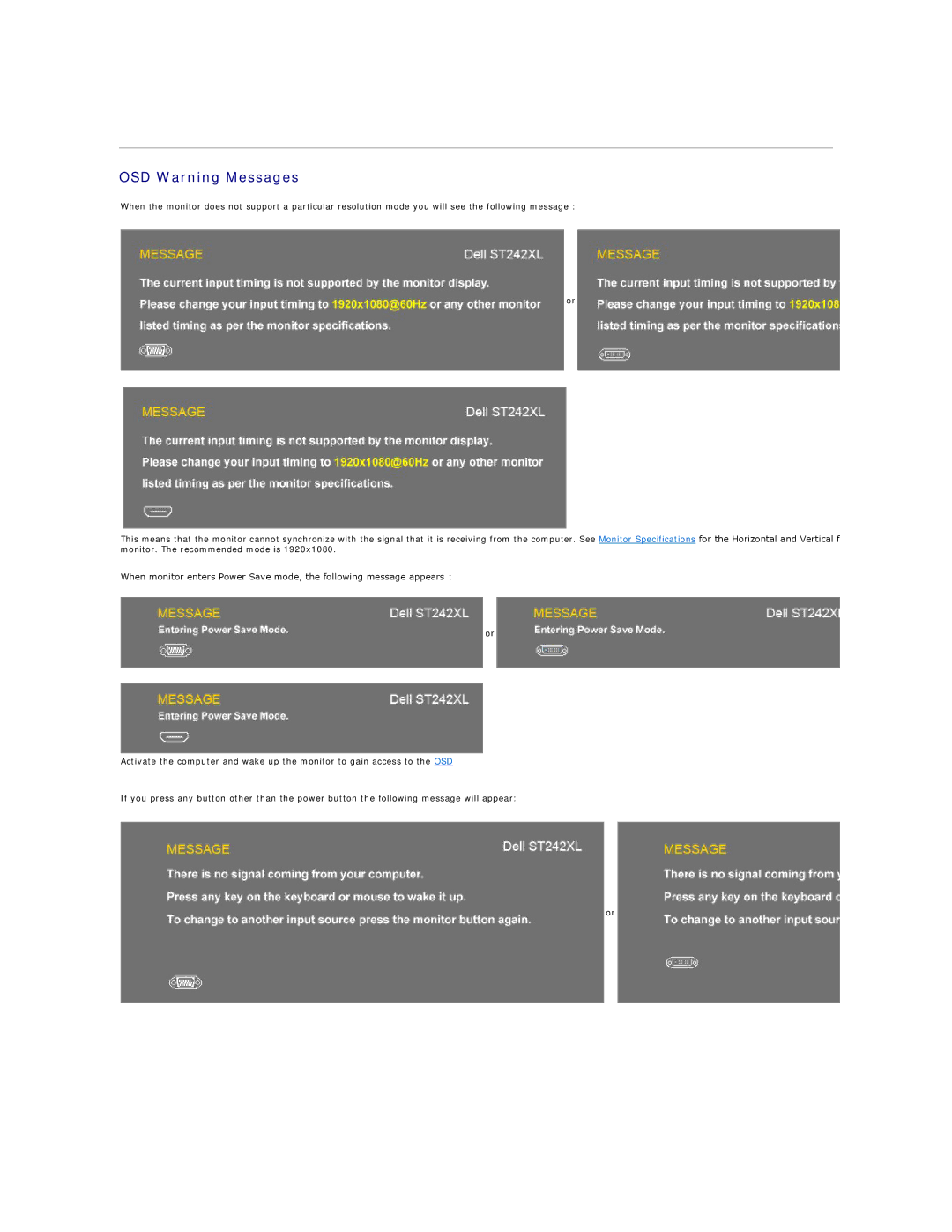 Dell ST2420LB, ST2421LB appendix OSD Warning Messages 