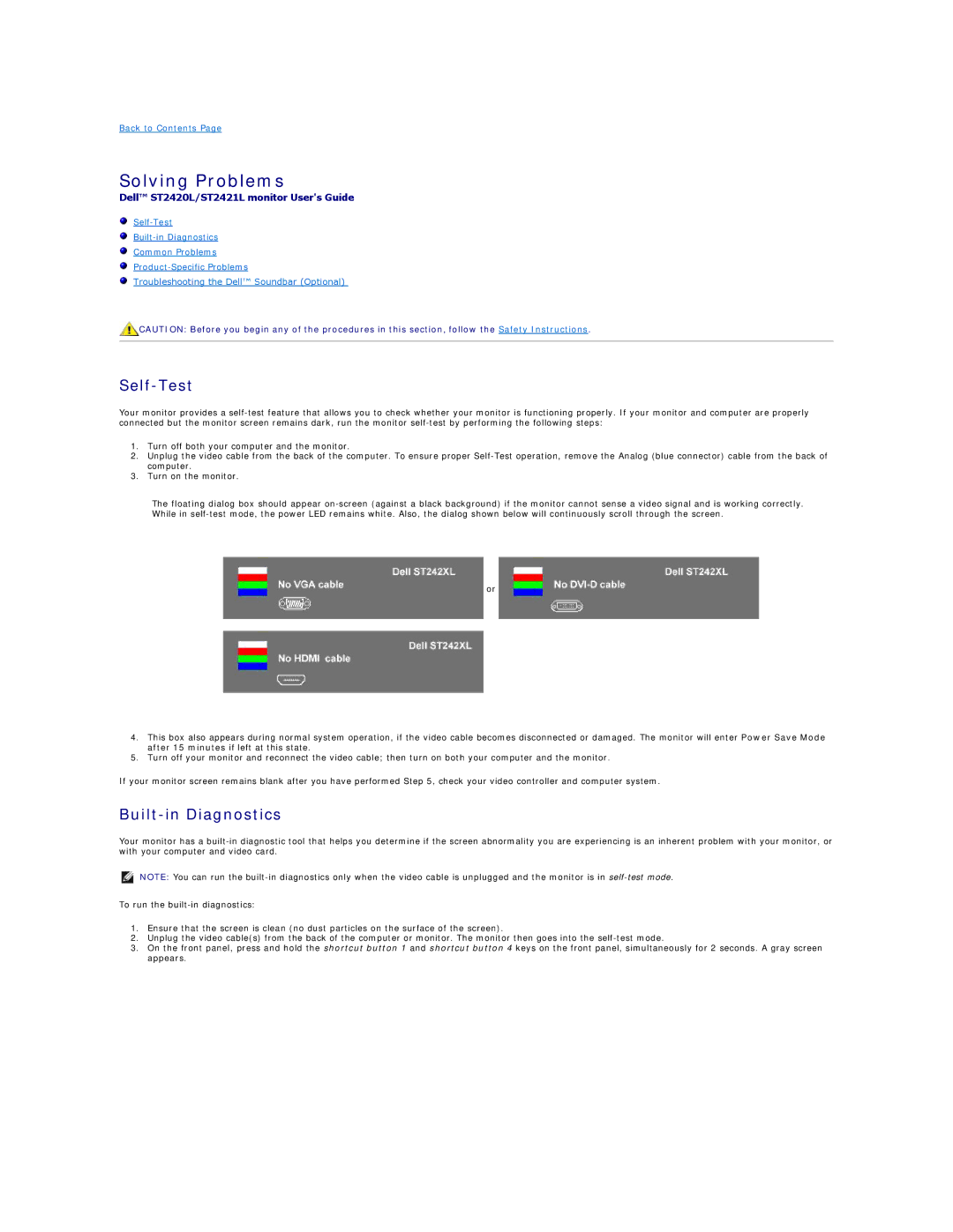 Dell ST2420LB, ST2421LB appendix Solving Problems, Self-Test, Built-in Diagnostics 