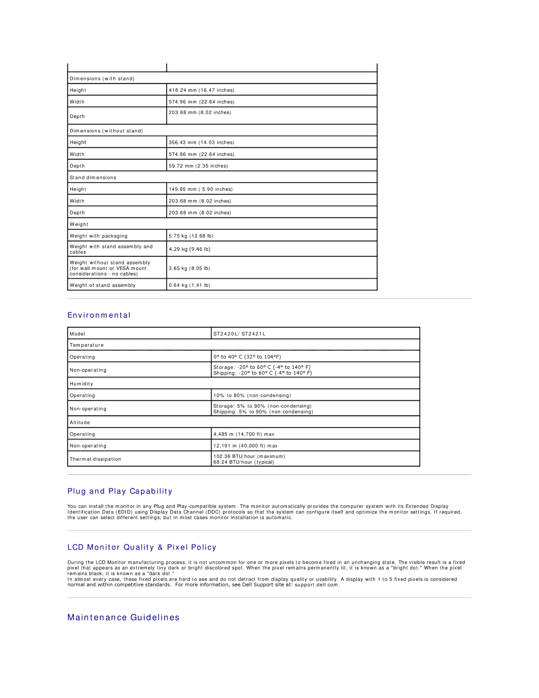 Dell ST2421L, ST2420LB Maintenance Guidelines, Environmental, Plug and Play Capability, LCD Monitor Quality & Pixel Policy 