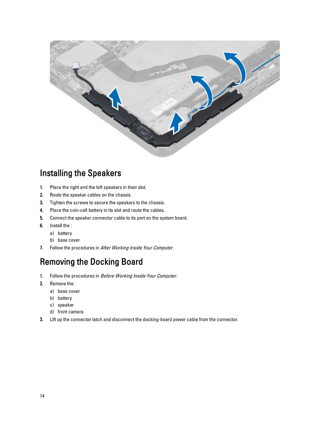 Dell 10-ST2E manual Installing the Speakers, Removing the Docking Board 