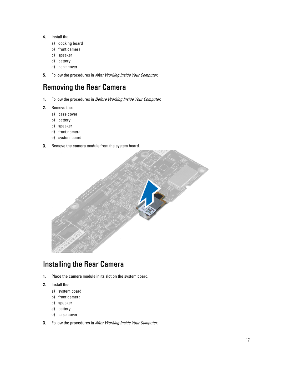 Dell 10-ST2E manual Removing the Rear Camera, Installing the Rear Camera 