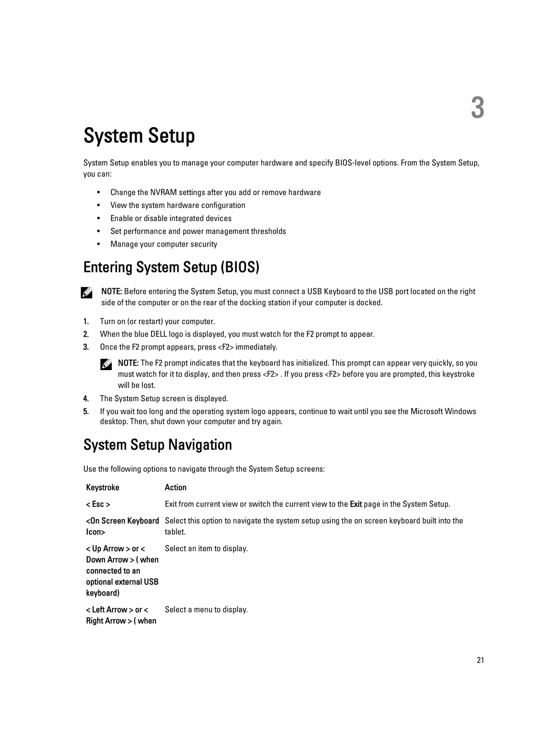 Dell 10-ST2E manual Entering System Setup Bios, System Setup Navigation, Keystroke Action Esc, Right Arrow when 