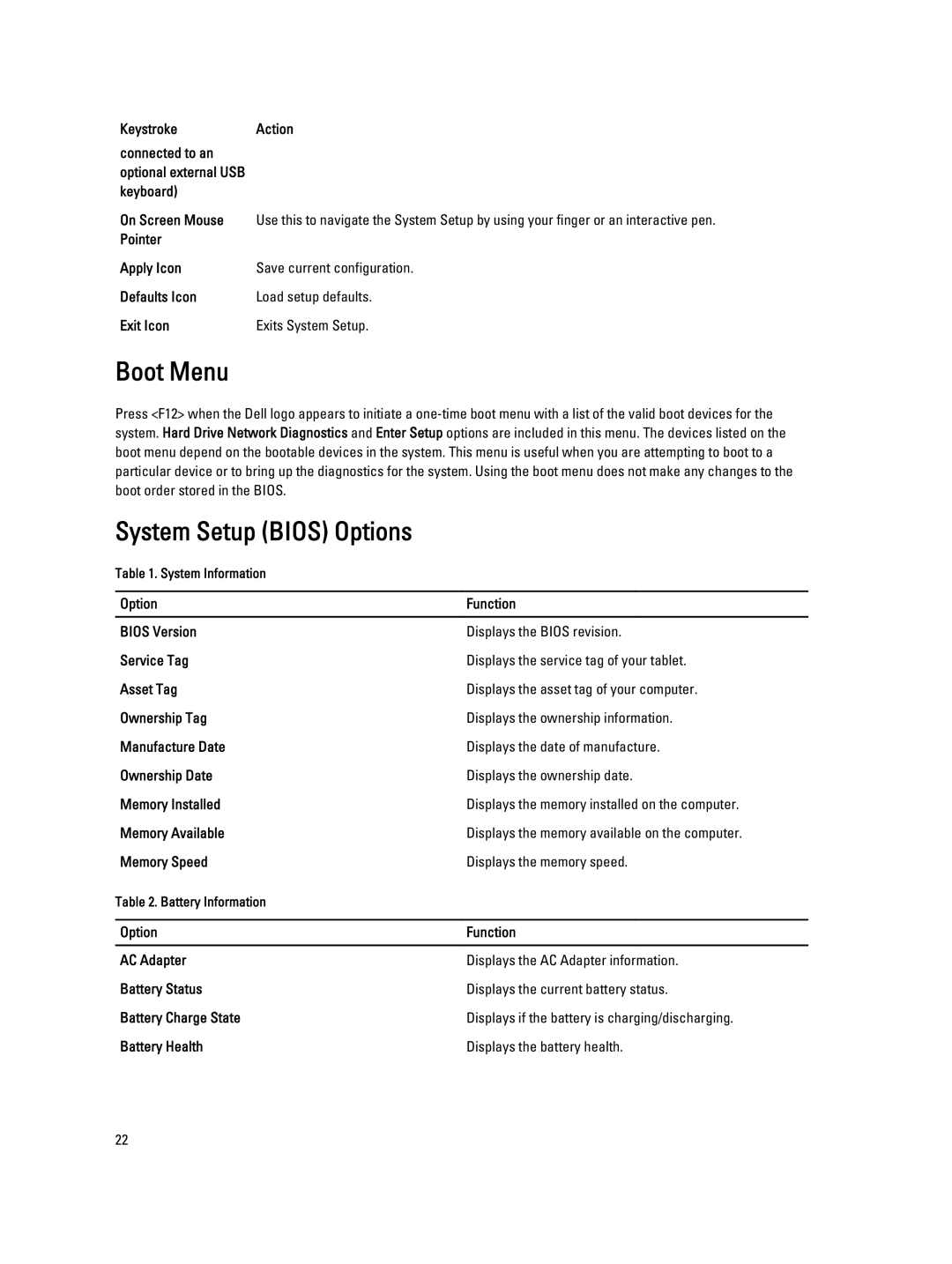 Dell 10-ST2E manual Boot Menu, System Setup Bios Options 