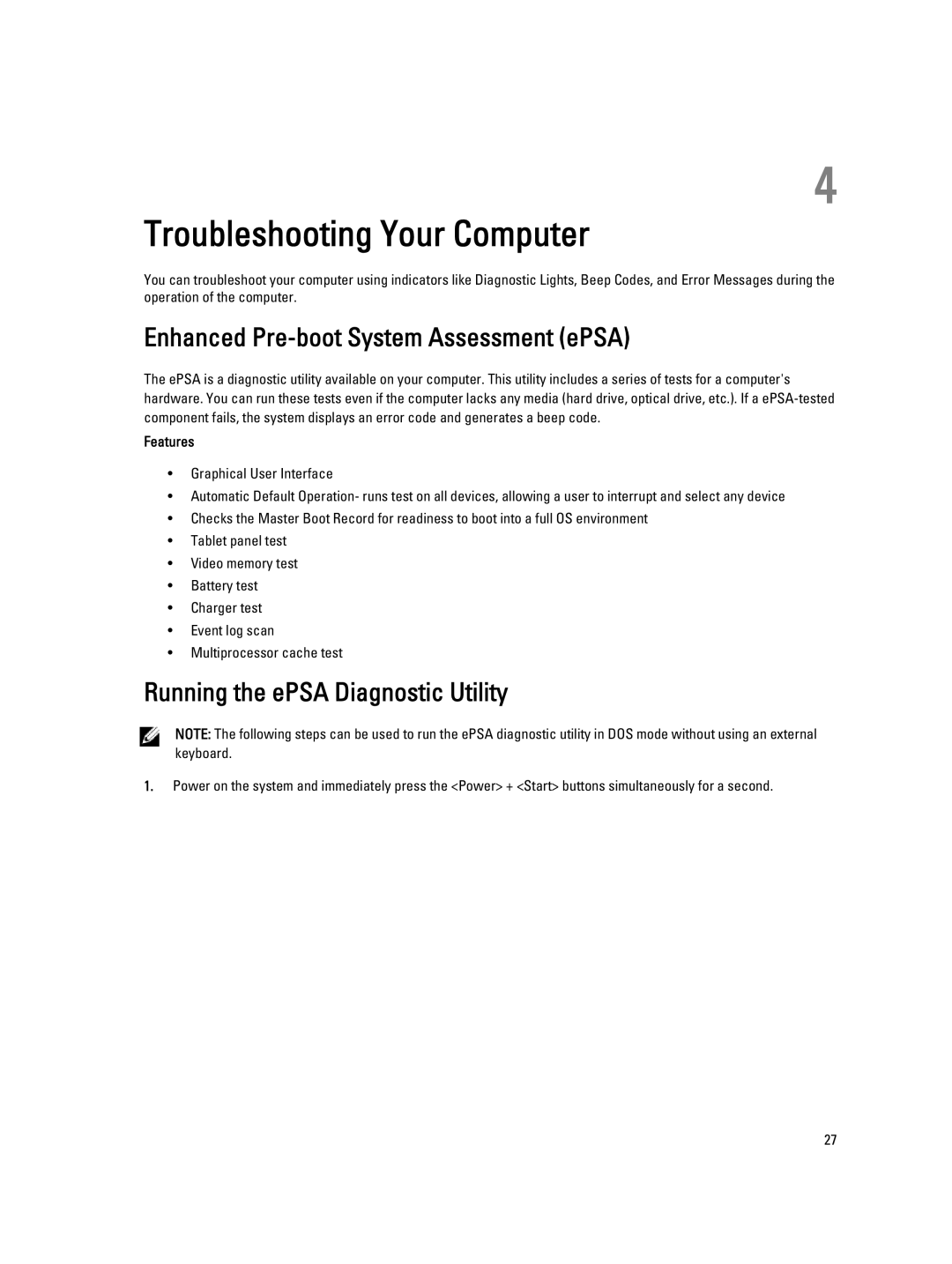 Dell 10-ST2E Troubleshooting Your Computer, Enhanced Pre-boot System Assessment ePSA, Running the ePSA Diagnostic Utility 