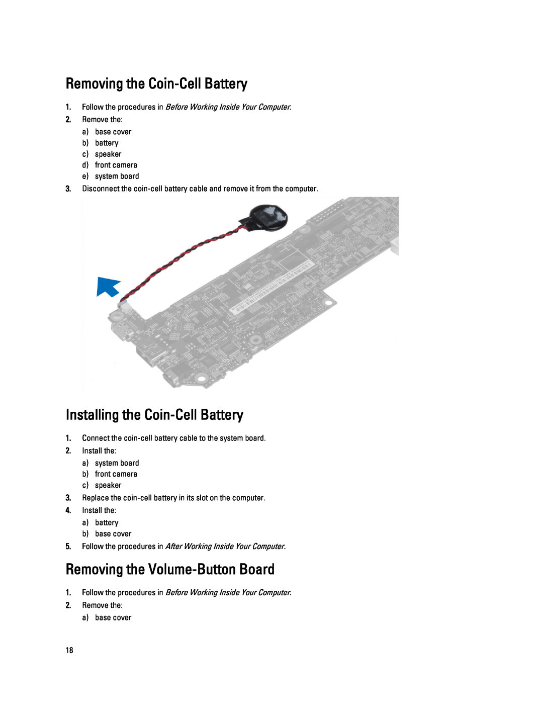 Dell 10-ST2E manual Removing the Coin-Cell Battery, Installing the Coin-Cell Battery, Removing the Volume-Button Board 