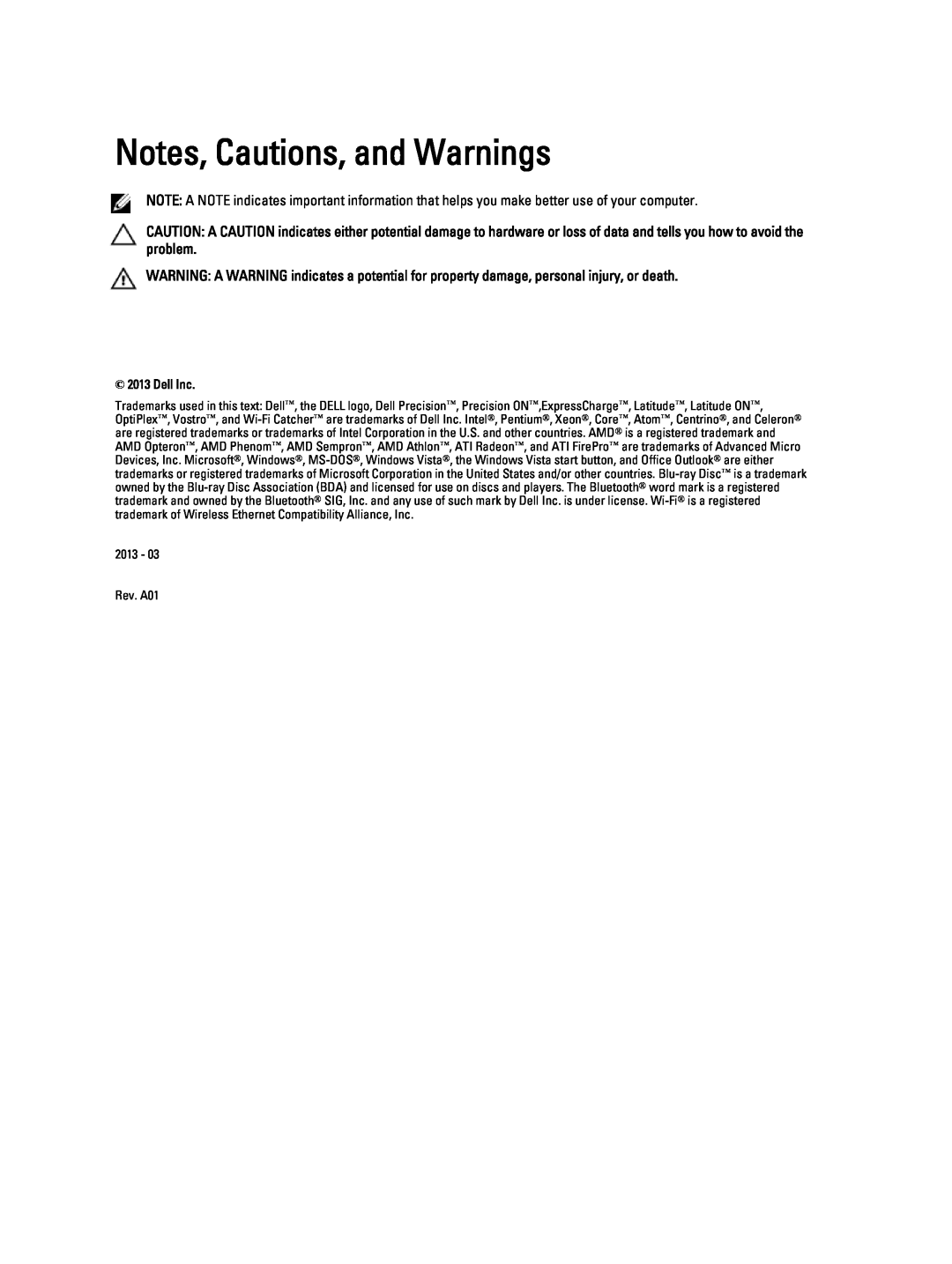 Dell 10-ST2E manual Notes, Cautions, and Warnings, Dell Inc 