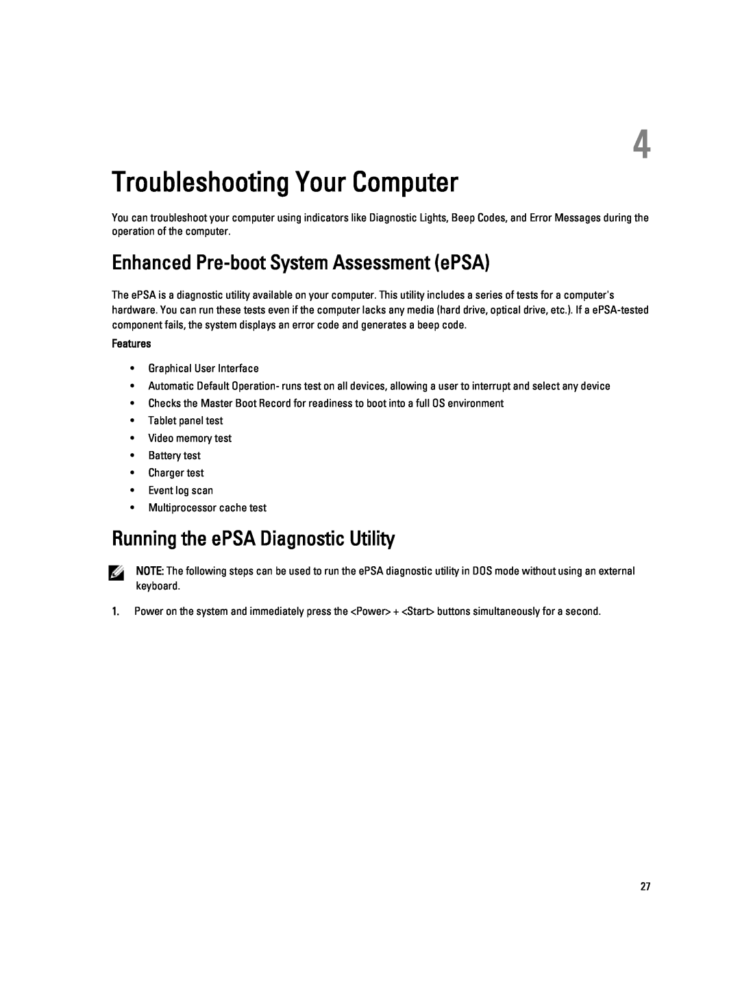 Dell 10-ST2E Troubleshooting Your Computer, Enhanced Pre-boot System Assessment ePSA, Running the ePSA Diagnostic Utility 