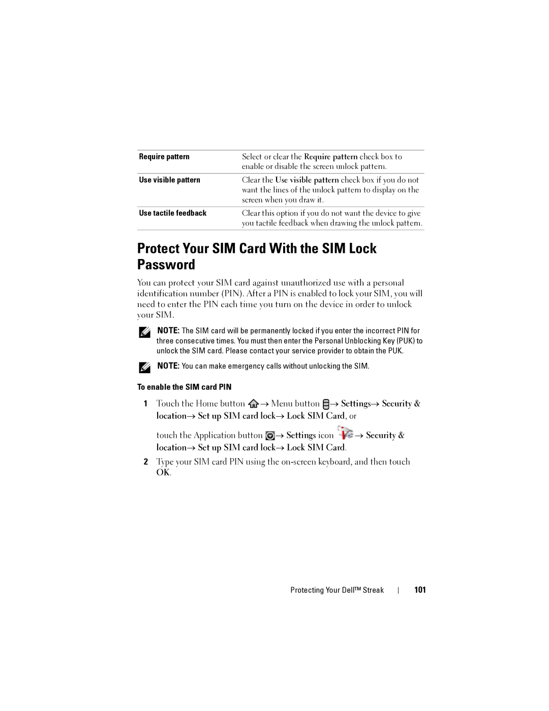 Dell Streak user manual Protect Your SIM Card With the SIM Lock Password, To enable the SIM card PIN, 101 
