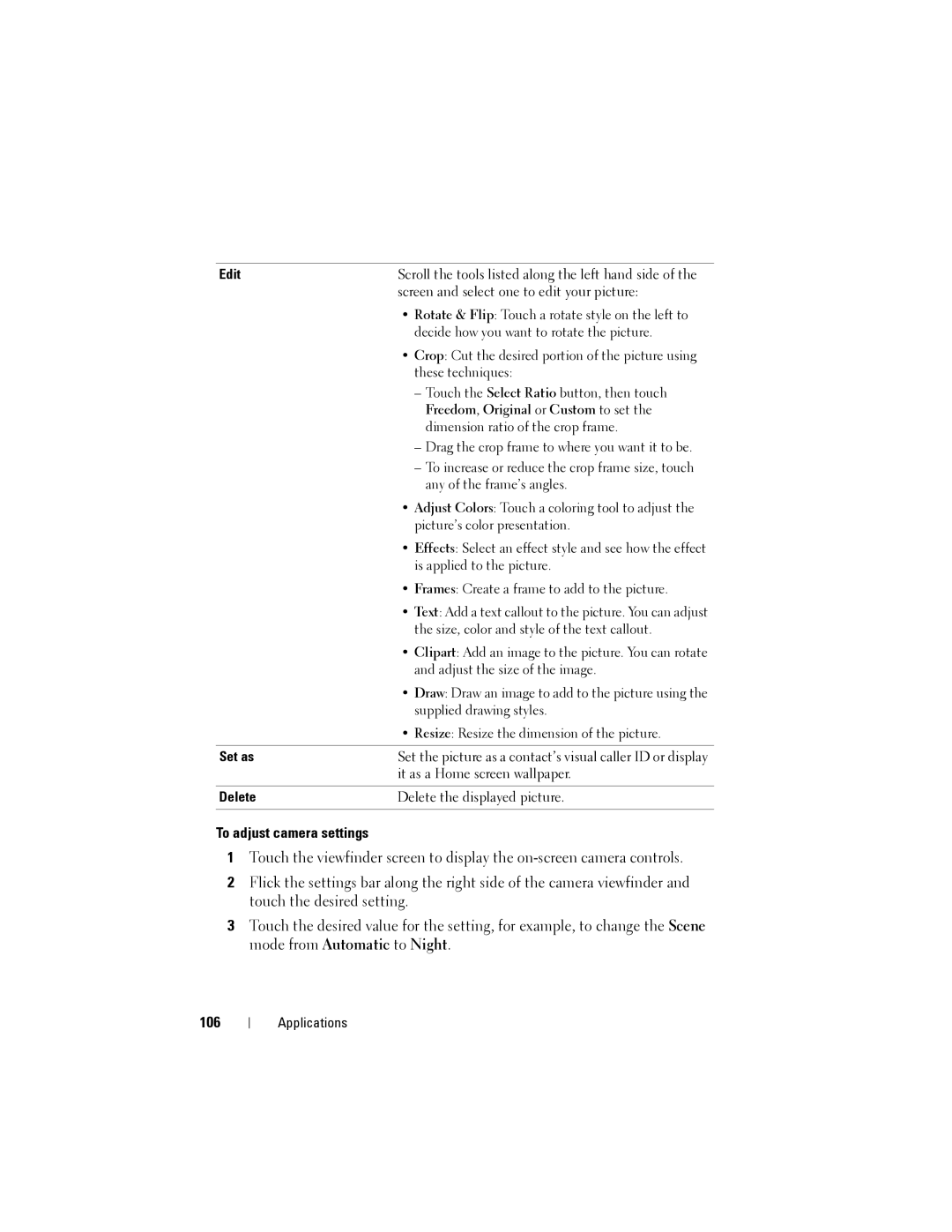 Dell Streak user manual To adjust camera settings, 106, Edit, Set as, Delete 