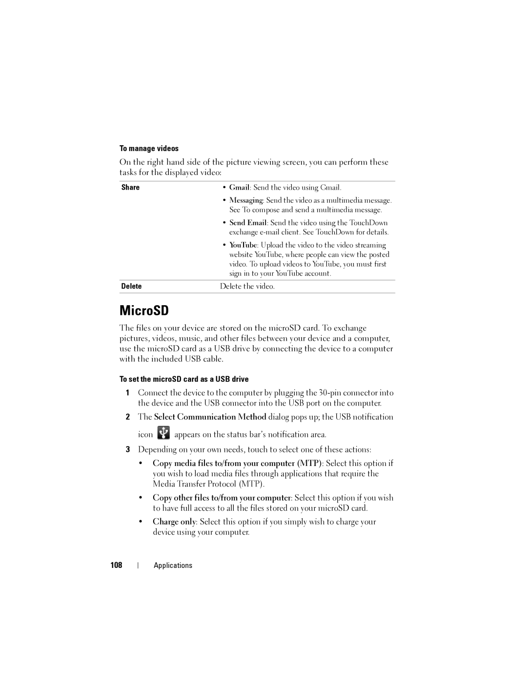 Dell Streak user manual MicroSD, To manage videos, To set the microSD card as a USB drive, 108 