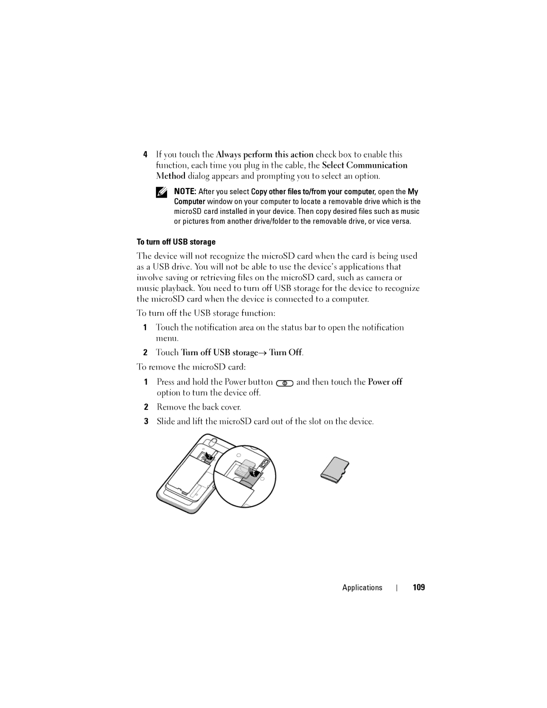 Dell Streak user manual To turn off USB storage, Touch Turn off USB storage→ Turn Off, 109 