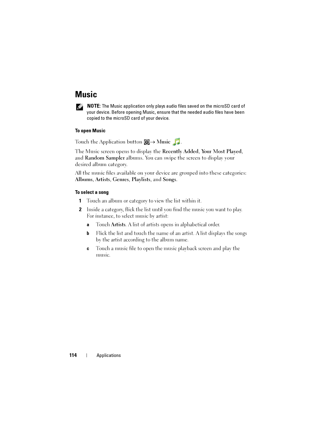 Dell Streak user manual To open Music, To select a song, 114 