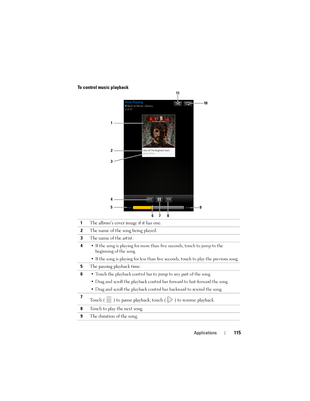 Dell Streak user manual To control music playback, 115 