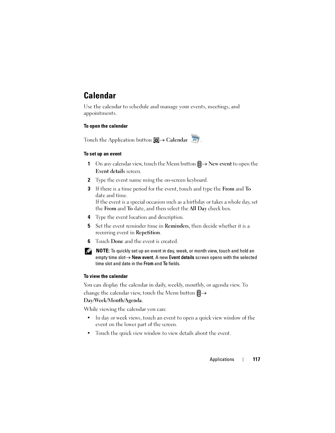 Dell Streak user manual Calendar, To open the calendar, To set up an event, To view the calendar, 117 