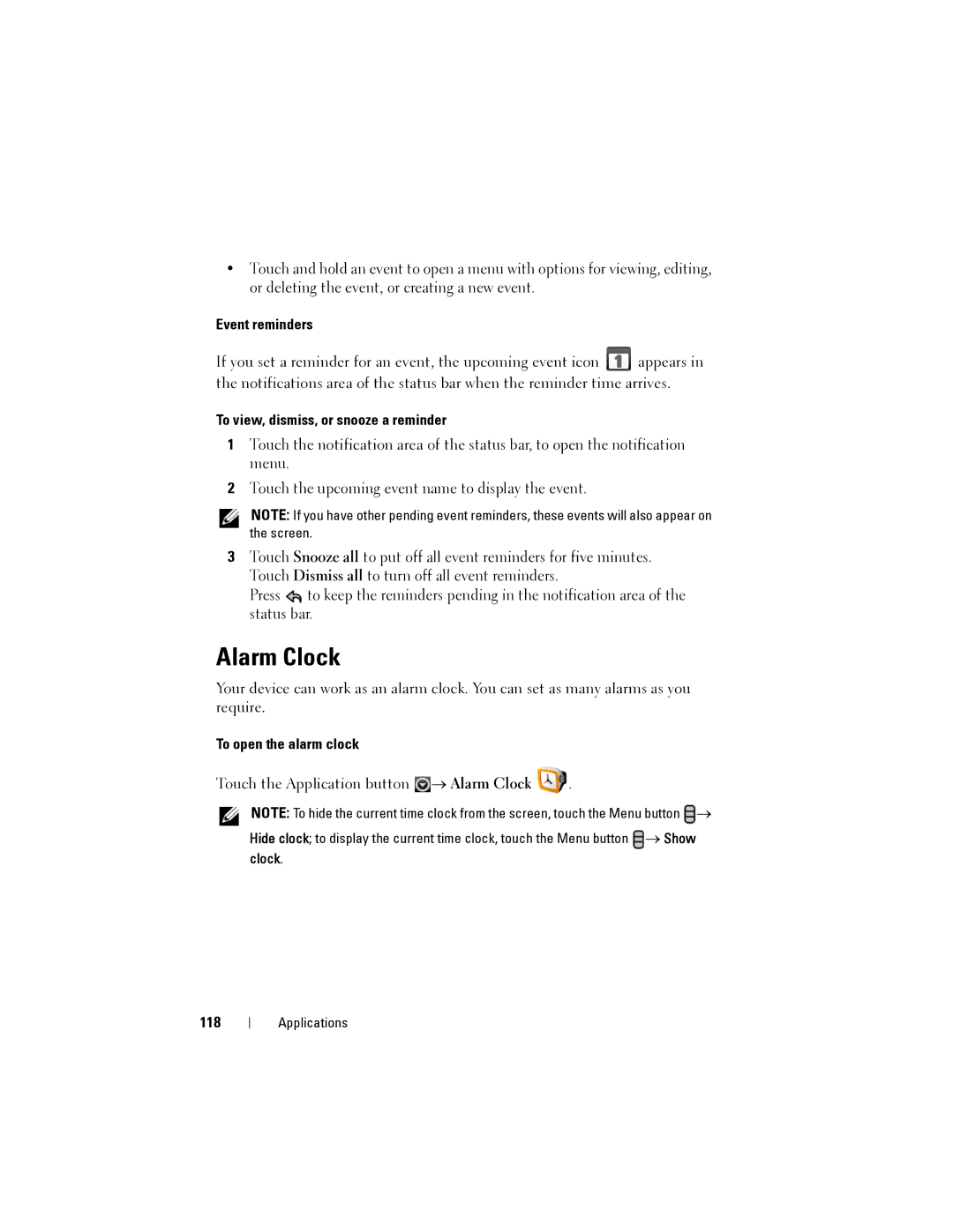 Dell Streak user manual Alarm Clock, Event reminders, To view, dismiss, or snooze a reminder, To open the alarm clock, 118 