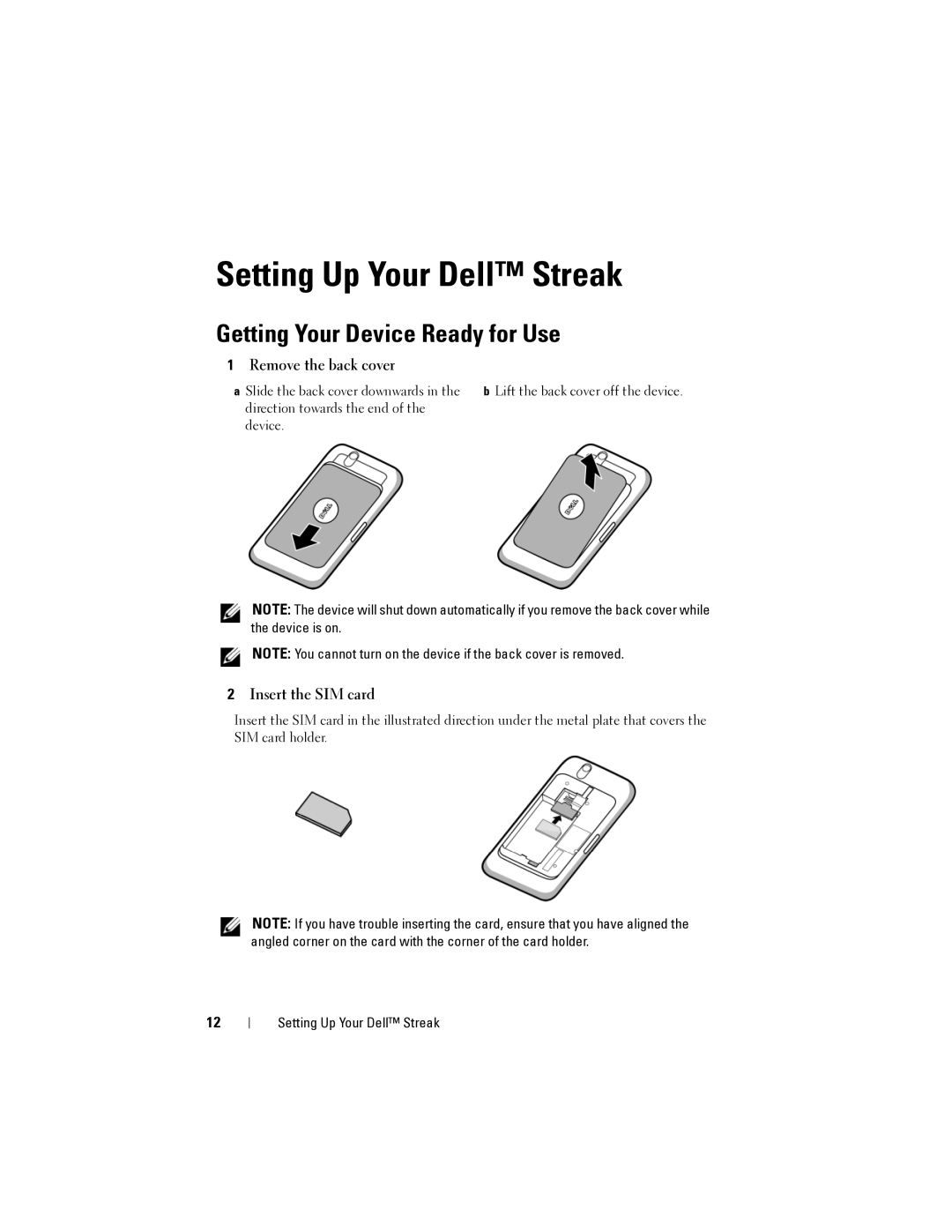 Dell Setting Up Your Dell Streak, Getting Your Device Ready for Use, Remove the back cover, Insert the SIM card 