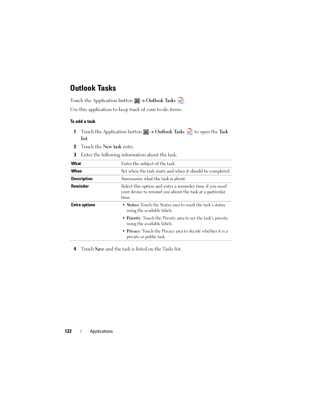 Dell Streak user manual Outlook Tasks, To add a task, 122 